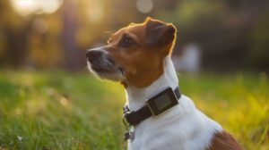 A dog wearing a GPS tracker collar